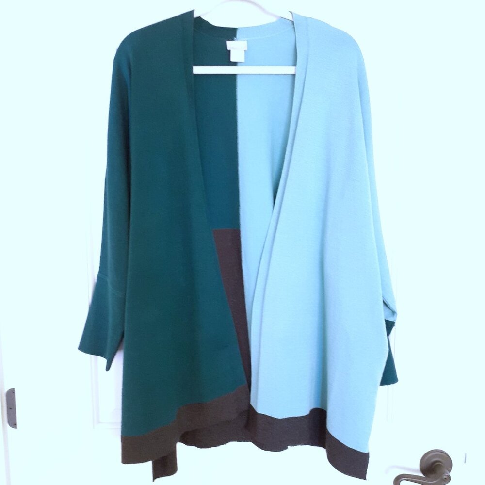 Chico's Cool Colorblock Cardigan Sweater in Striking Teal Size L/XL